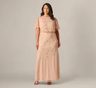 Adrianna Papell Plus Size Flutter Sleeve Blouson Beaded Gown In Blush In Brown