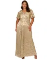 ADRIANNA PAPELL PLUS SIZE FOIL LEAF FLUTTER-SLEEVE DRAPED GOWN