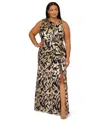 Adrianna Papell Plus Size Foil-print Asymmetric Gown In Multi