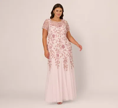 Adrianna Papell Plus Size Hand Beaded Short Sleeve Floral Godet Gown In Blush Pink