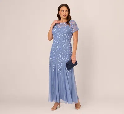 Adrianna Papell Plus Size Hand Beaded Short Sleeve Floral Godet Gown In French Blue