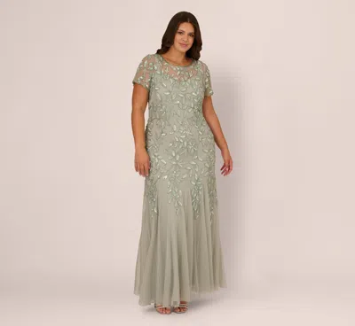 Adrianna Papell Plus Size Hand Beaded Short Sleeve Floral Godet Gown In Frosted Sage In Green