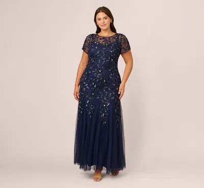 Adrianna Papell Plus Size Hand Beaded Short Sleeve Floral Godet Gown In Light Navy In Blue