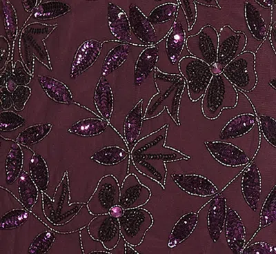 Adrianna Papell Plus Size Hand Beaded Short Sleeve Floral Godet Gown In Night Plum In Purple