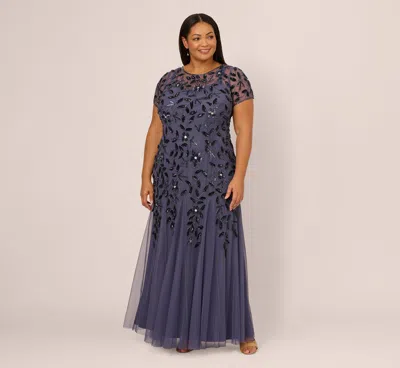 Adrianna Papell Plus Size Hand Beaded Short Sleeve Floral Godet Gown In Smoky Peri In Blue