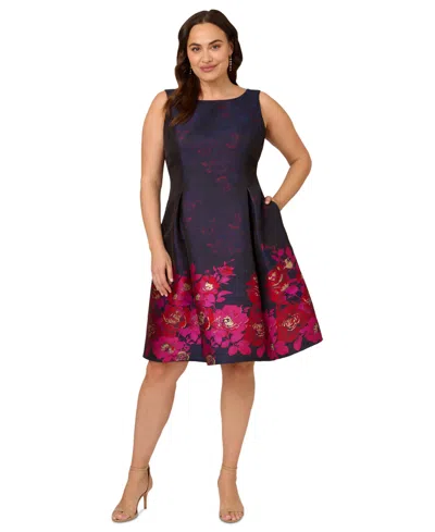 Adrianna Papell Plus Size Jacquard Fit & Flare Dress In Navy Pink Multi