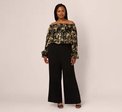 Adrianna Papell Plus Size Lace And Crepe Jumpsuit In Black Gold In Multi