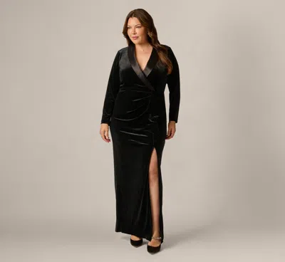 Adrianna Papell Plus Size Long Sleeve Velvet Tuxedo Gown In Black