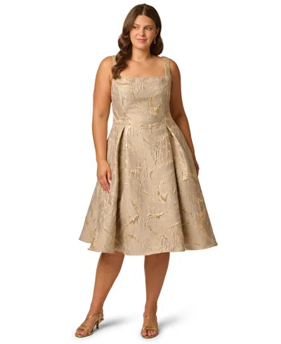 Adrianna Papell Plus Size Beaded Square Neck Metallic Fit And Flare Midi Dress In Mink In Brown