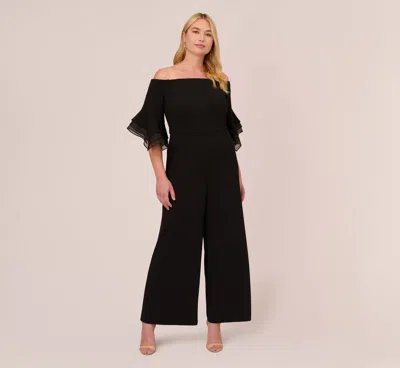 Adrianna Papell Plus Size Off The Shoulder Crepe Jumpsuit With Organza Sleeves In Black