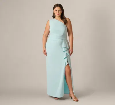Adrianna Papell Plus Size One Shoulder Draped Ruffle Stretch Gown In Clear Sky In Blue