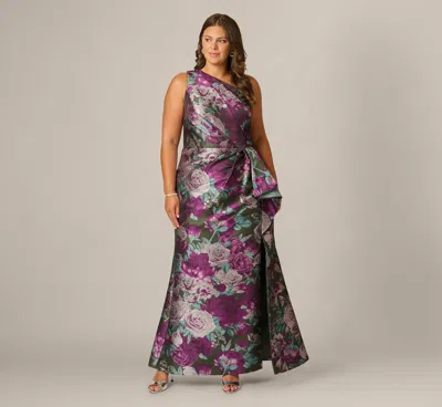 Adrianna Papell Plus Size One Shoulder Rose Garden Jacquard Mermaid Gown In Green Multi