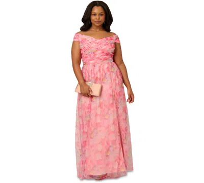 Adrianna Papell Plus Size Printed Tulle Off-the-shoulder Gown In Pink Multi
