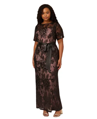 Adrianna Papell Plus Size Sequin Lace Tie-waist Mermaid Gown In Black,nude