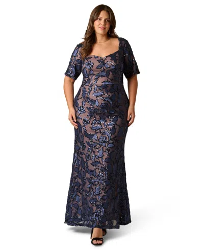 Adrianna Papell Plus Size Short Sleeve Floral Sequin Stretch Mesh Gown In Navy Rosegold In Multi