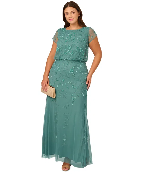 Adrianna Papell Plus Size Sequined-mesh Evening Gown In Green Slate |  ModeSens