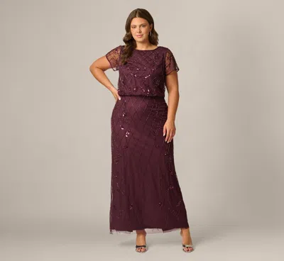 Adrianna Papell Plus Size Short Sleeve Lattice Floral Beaded Blouson Gown In Night Plum In Brown