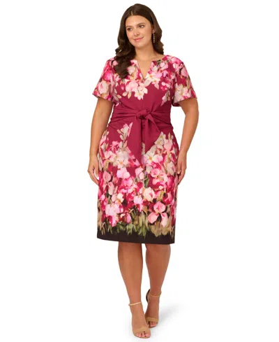 Adrianna Papell Floral Print Tie Front Stretch Twill Sheath Dress In Red