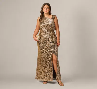 Adrianna Papell Plus Size Sleeveless Asymmetrical Damask Metallic Gown In Chocolate In Neutral