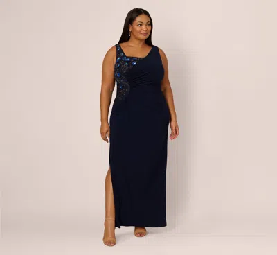 Adrianna Papell Plus Size Sleeveless Asymmetrical Floral Beaded Jersey Gown In Midnight Multi In Blue