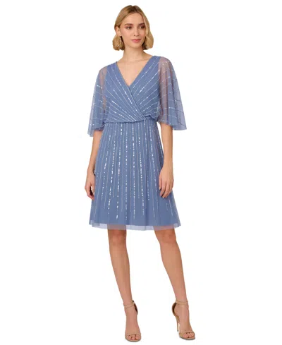 Adrianna Papell Bead Embellished Flutter-sleeve A-line Dress In French Blue