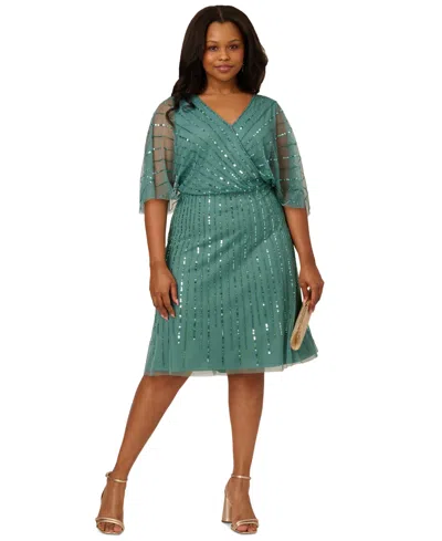 Adrianna Papell Plus Size Surplice-neck Beaded Short Dress In Greenslate