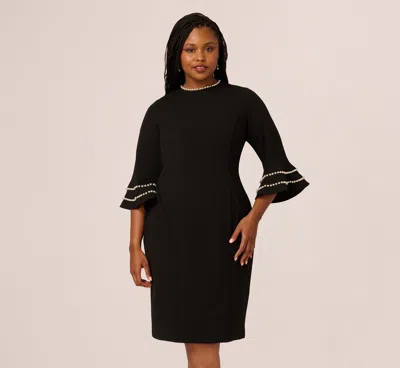 Adrianna Papell Plus Size Three Quarter Bell Sleeve Pearly Trim Sheath Dress In Black Ivory