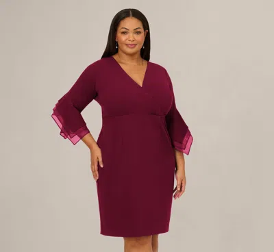 Adrianna Papell Plus Size Three Quarter Bell Sleeve Sheath Midi Dress In Cabernet In Burgundy