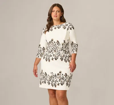 Adrianna Papell Plus Size Three Quarter Sleeve Baroque Lace Print Stretch Sheath Dress In Ivory Multi In White