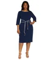 Adrianna Papell Tipped Tie Waist Crepe Dress In Navy,ivory