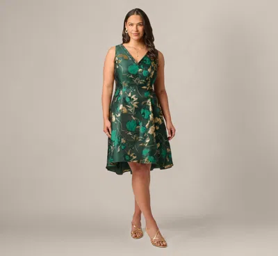 Adrianna Papell Plus Size V Neck Metallic Jacquard Fit And Flare Midi Dress In Hunter Gold
