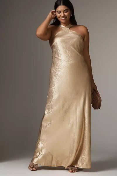 Adrianna Papell Plus Sleeveless Halter Maxi Dress In Gold