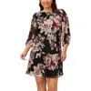 ADRIANNA PAPELL PLUS WOMENS FLORAL THREE QUARTERS LENGTH SLEEVE FIT & FLARE DRESS