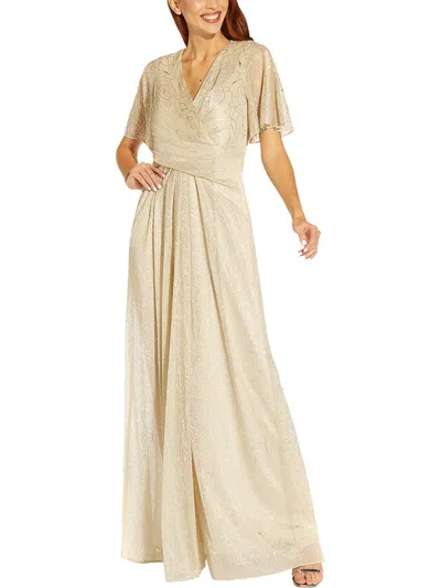 Adrianna Papell Plus Womens Metallic Draped Evening Dress In Alabaster