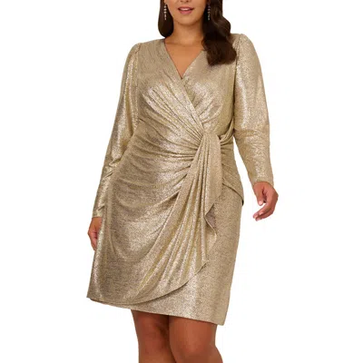 Adrianna Papell Plus Womens Metallic Polyester Wrap Dress In Gold