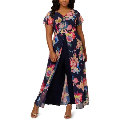 ADRIANNA PAPELL PLUS WOMENS PRINTED CHIFFON JUMPSUIT