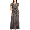 Adrianna Papell Floral Embroidered Beaded Trumpet Gown In Silver
