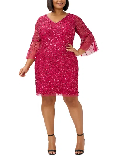 Adrianna Papell Plus Womens Sequined Short Cocktail And Party Dress In Pink