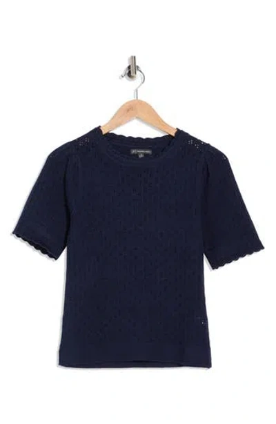 Adrianna Papell Pointelle Stitch Short Sleeve Sweater In Black