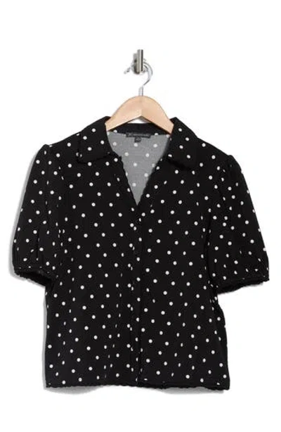 Adrianna Papell Polka Dot Puff Sleeve Knit Button-up Top In Black/ivory Timeless Dot
