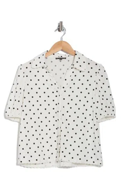 Adrianna Papell Polka Dot Puff Sleeve Knit Button-up Top In Ivory/black Timeless Dot