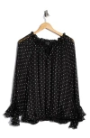 Adrianna Papell Polka Dot Tie Keyhole Long Sleeve Top In Black