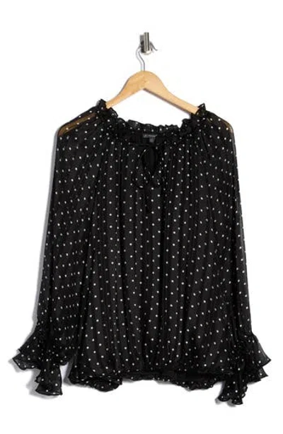 Adrianna Papell Polka Dot Tie Keyhole Long Sleeve Top In Black