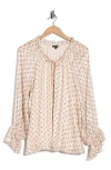 Adrianna Papell Polka Dot Tie Keyhole Long Sleeve Top In Pink