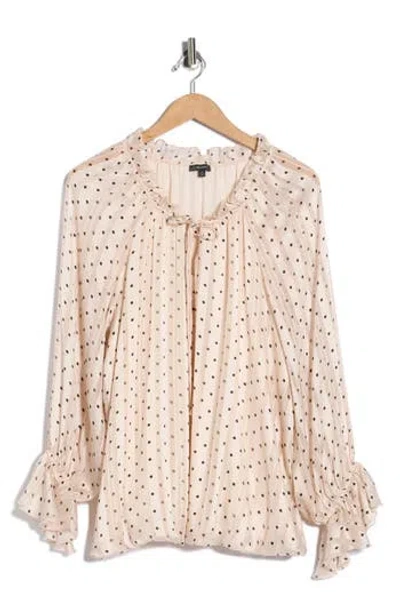 Adrianna Papell Polka Dot Tie Keyhole Long Sleeve Top In Pink