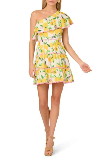 Adrianna Papell Print Clip Dot Ruffle One-shoulder Tiered Minidress In Citrus White Multi