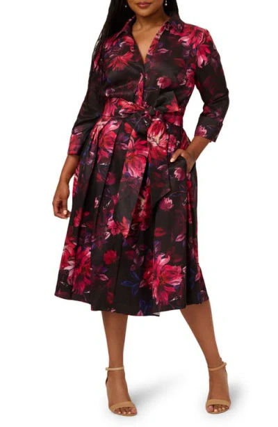 Adrianna Papell Print Long Sleeve Taffeta Shirtdress In Black