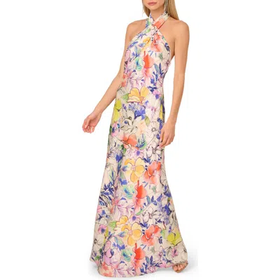 Adrianna Papell Print Satin Halter Gown In Multi
