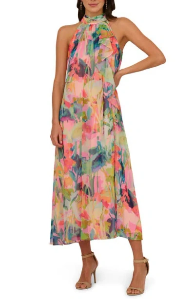 Adrianna Papell Print Sleeveless Trapeze Maxi Dress In Pink Multi