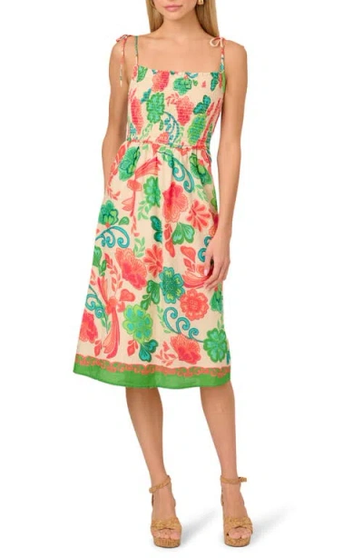 Adrianna Papell Print Smocked Tie Strap Dress In Ivory Multi